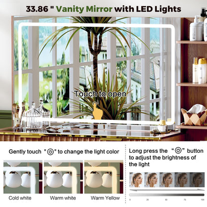 Vanity Desk with Mirror & Lights, Oak