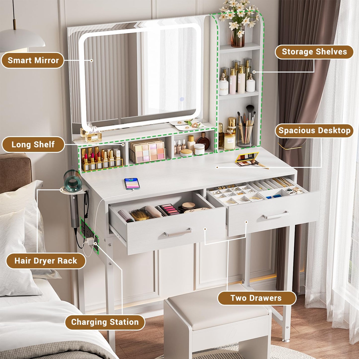 Small Vanity Desk with Mirror, Lights & Storage