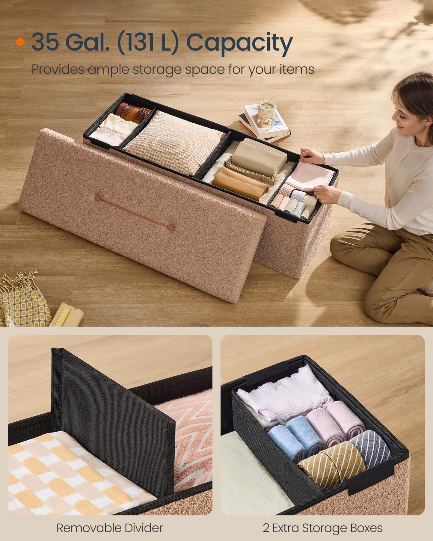 SONGMICS Storage Ottoman Bench, 15"x30"x15"