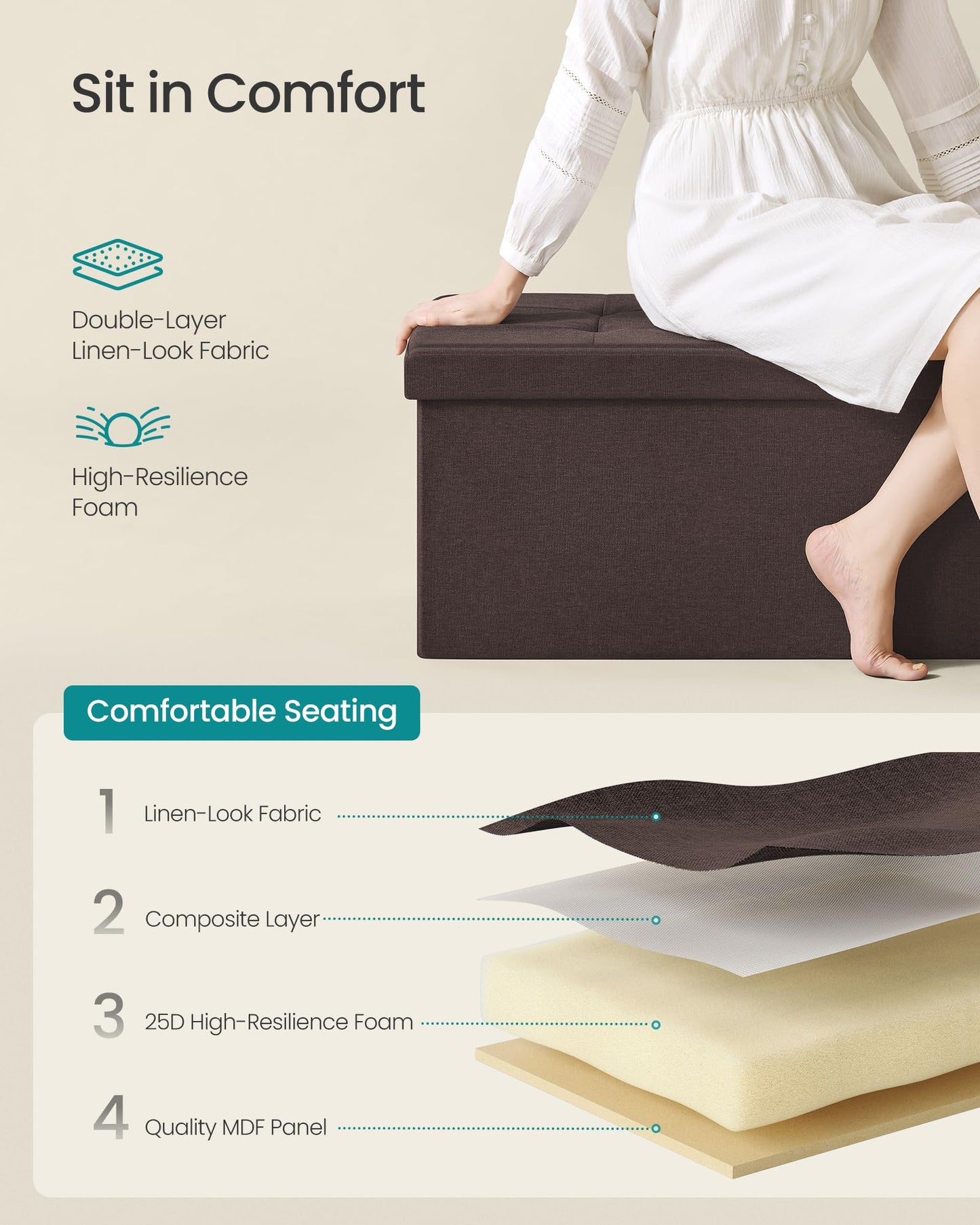 SONGMICS MAZIE 43" Folding Storage Ottoman Bench