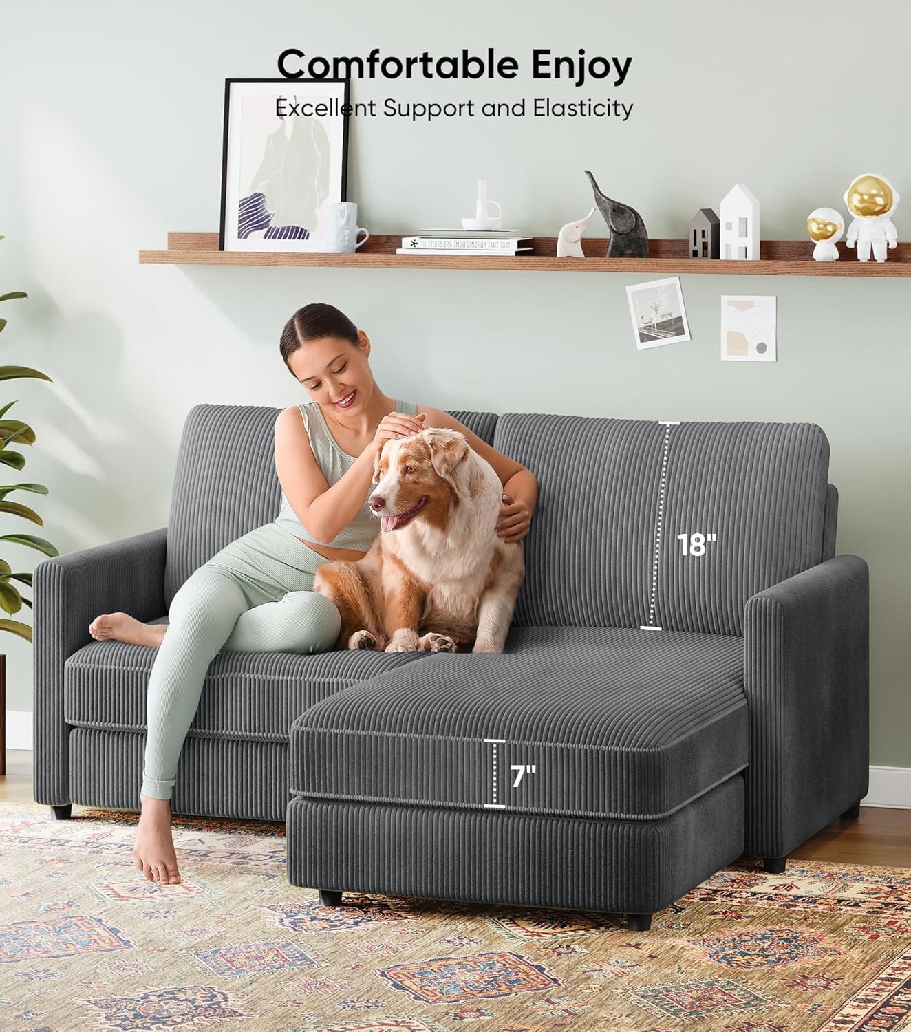 71" L-Shaped Green Corduroy Sofa