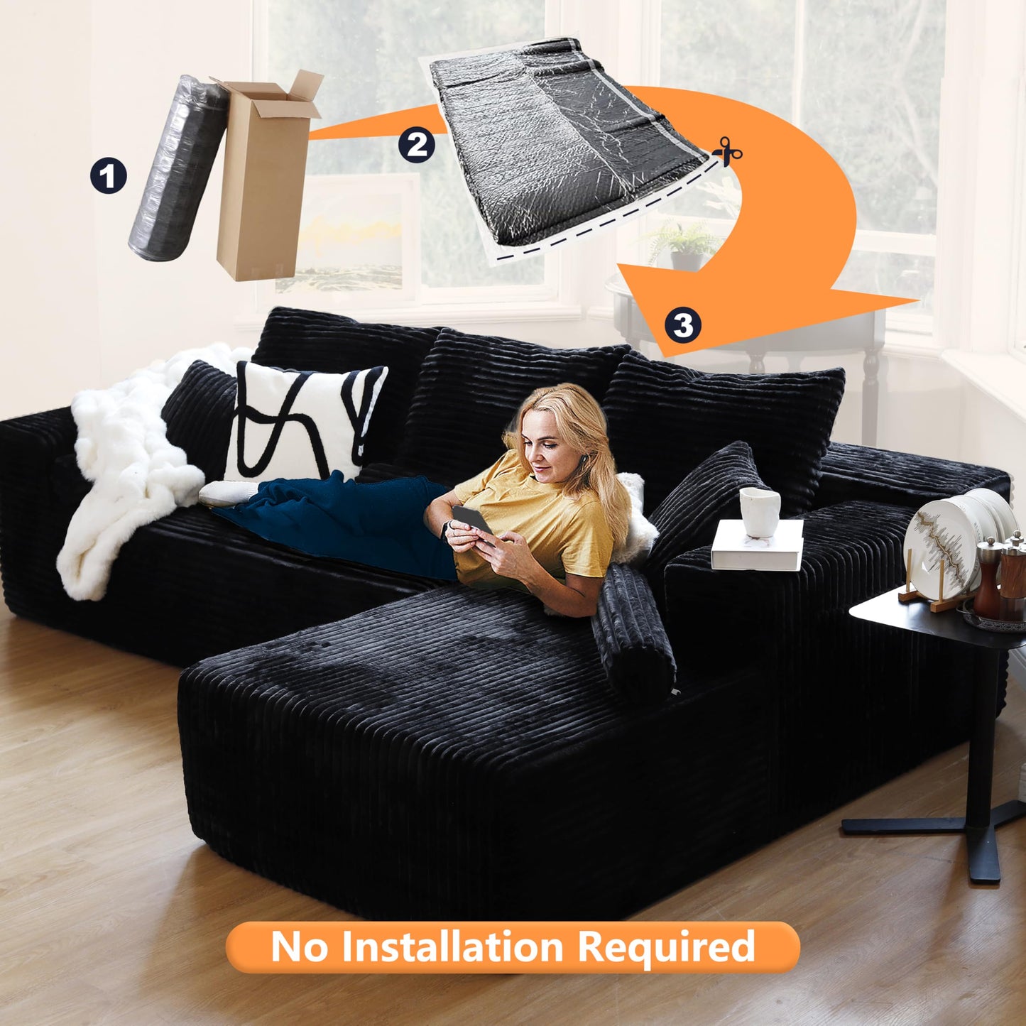 106" L-Shaped Corduroy Sofa – Black