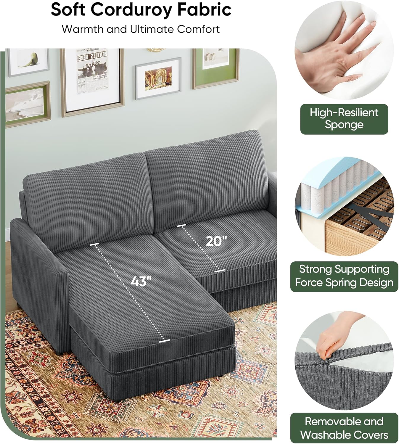 71" L-Shaped Green Corduroy Sofa