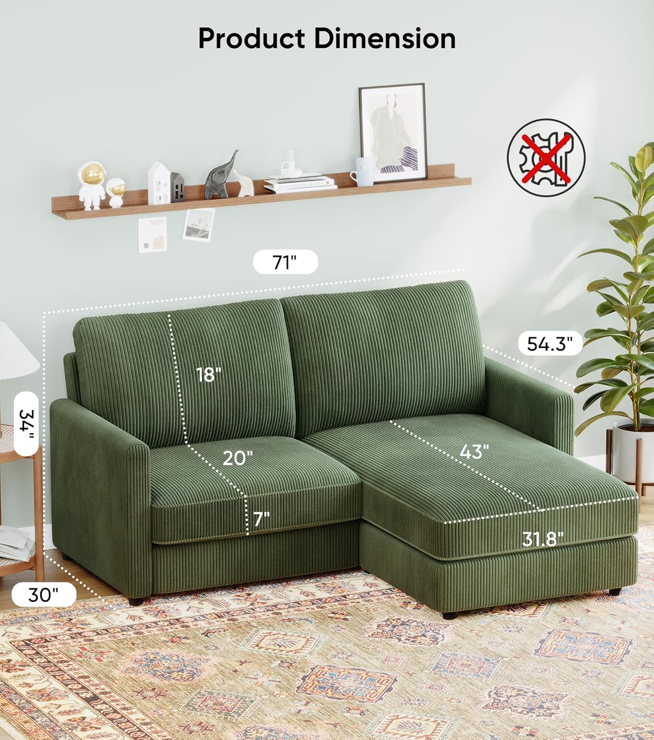 71" L-Shaped Green Corduroy Sofa