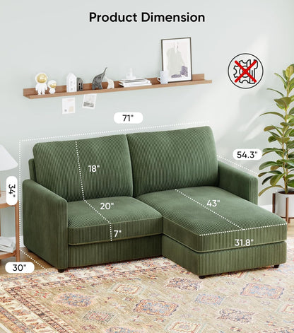 71" L-Shaped Green Corduroy Sofa