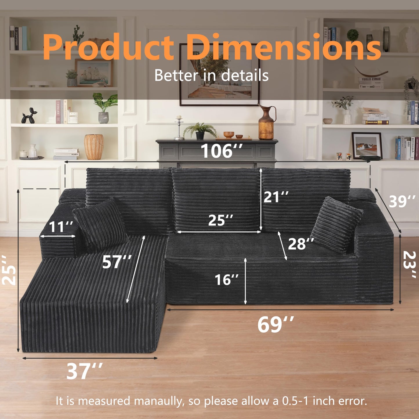 106" L-Shaped Corduroy Sofa – Black