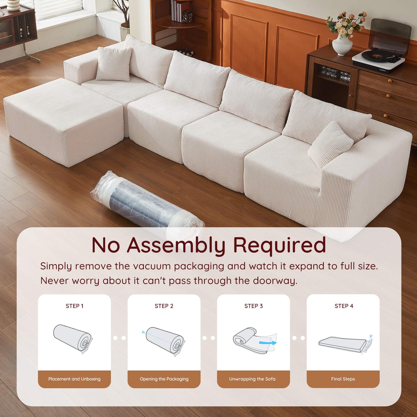 108" L-Shaped Sofa with Ottoman – Beige