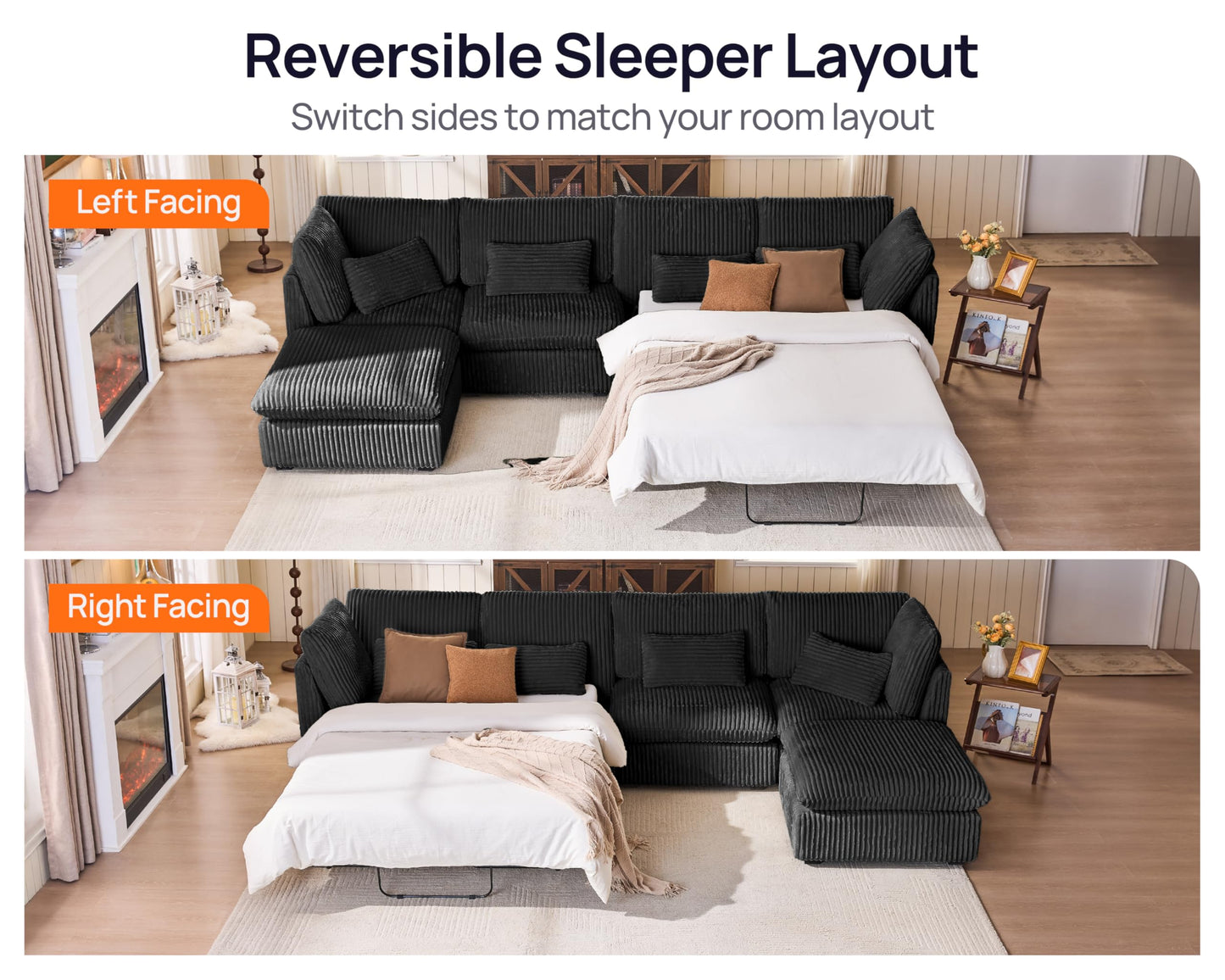 L-Shaped Sofa Bed with Ottoman – Beige
