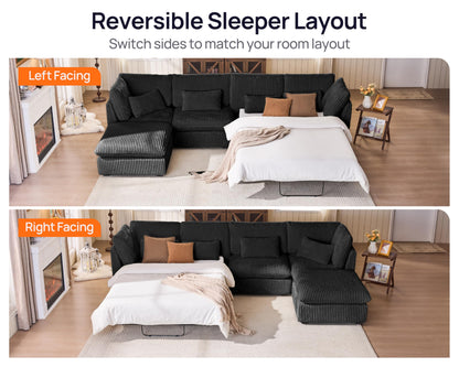 L-Shaped Sofa Bed with Ottoman – Beige