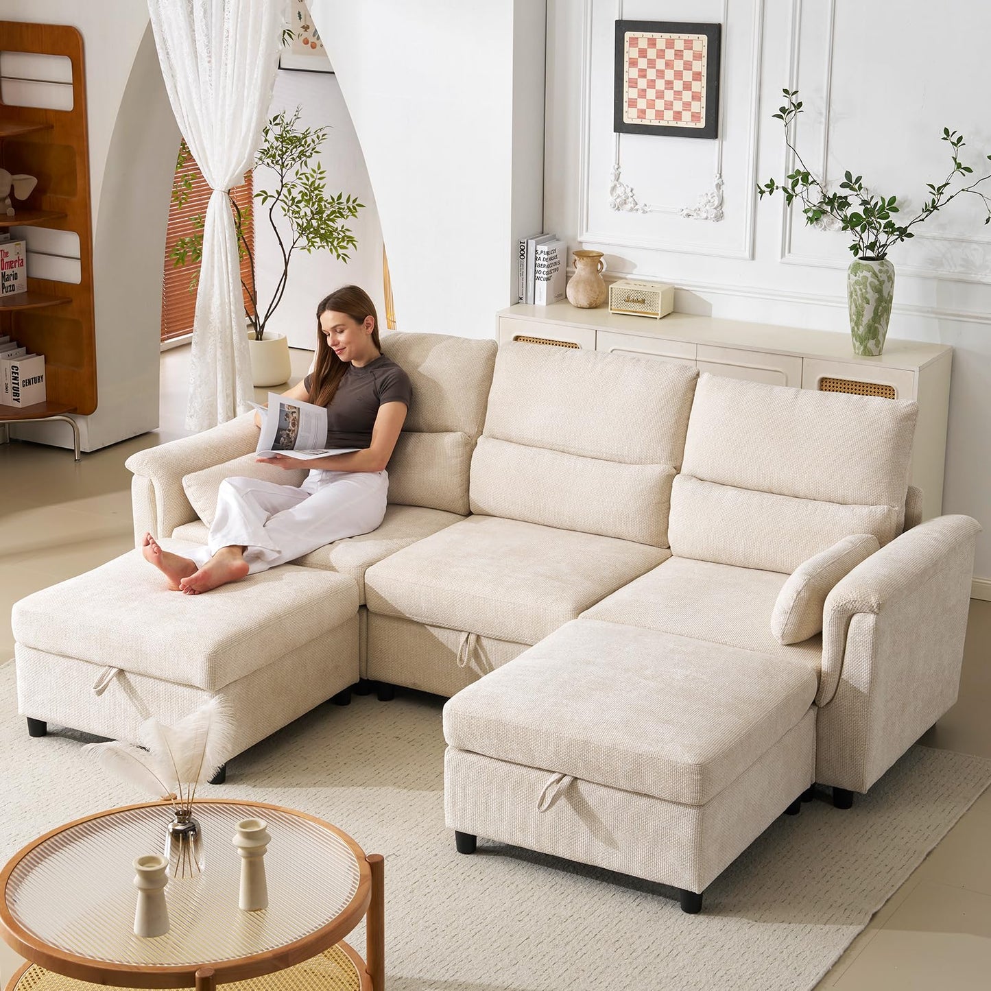 132" U-Shaped Sofa, 6-Seater Beige