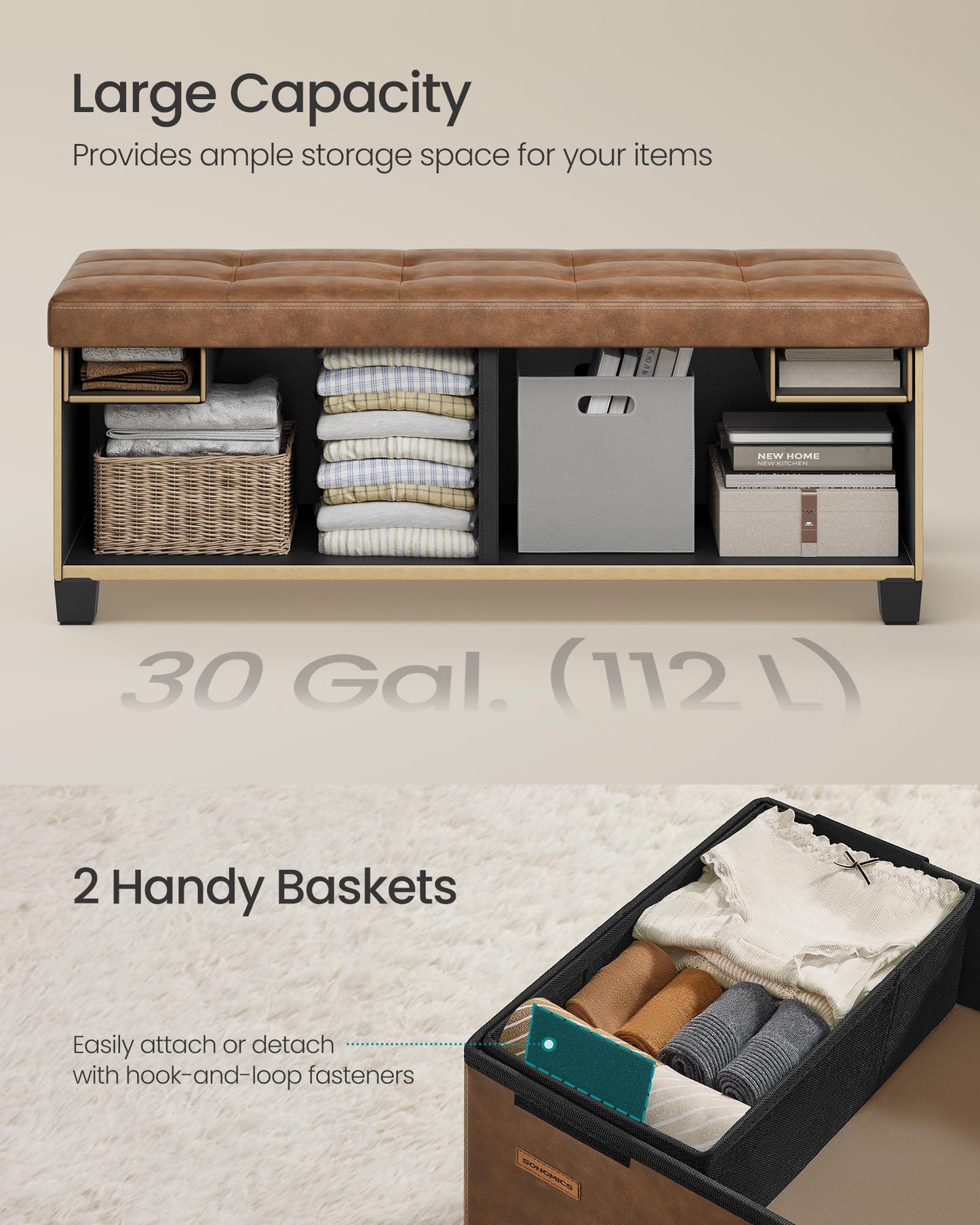 SONGMICS 15"x43"x15.7" Storage Ottoman Bench