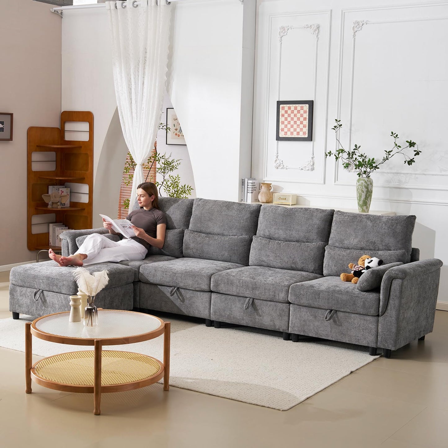 132" U-Shaped Sofa, 6-Seater Beige