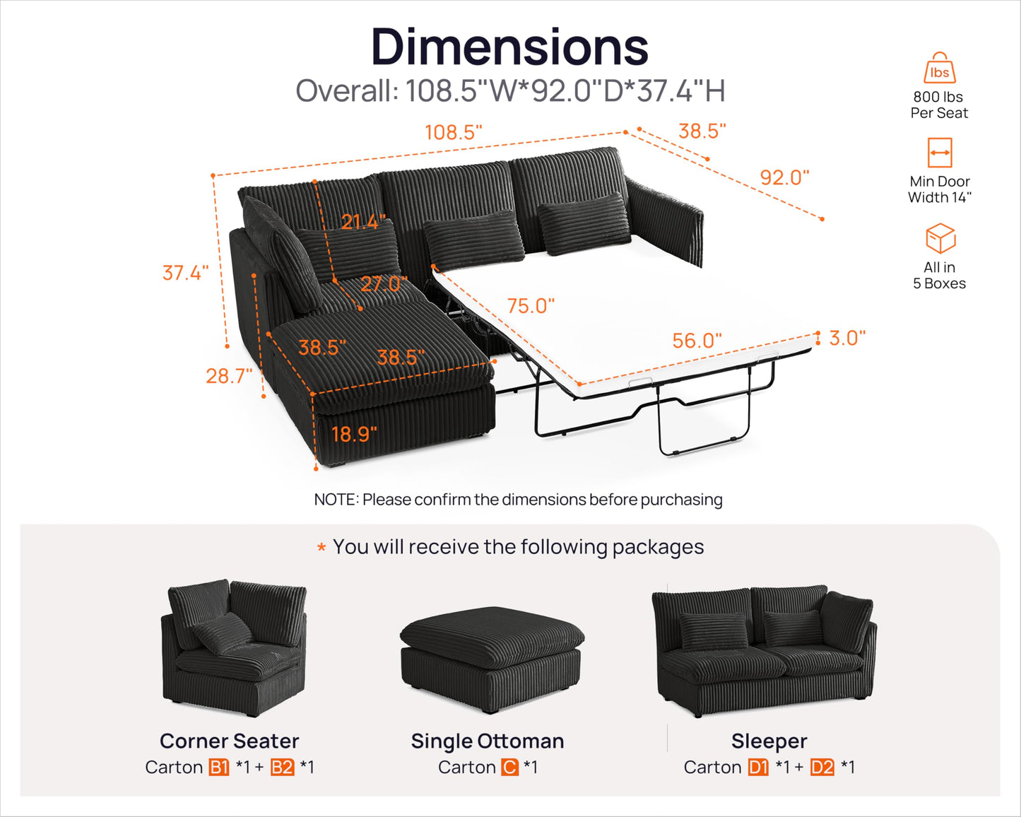 L-Shaped Sofa Bed with Ottoman – Beige