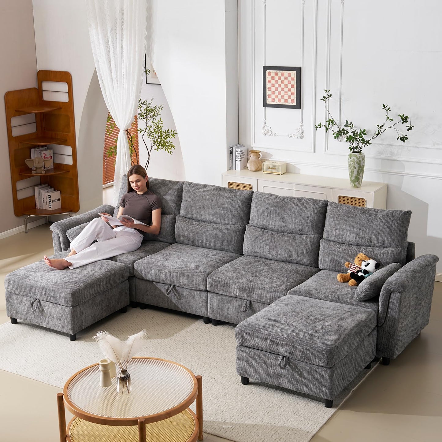 132" U-Shaped Sofa, 6-Seater Beige