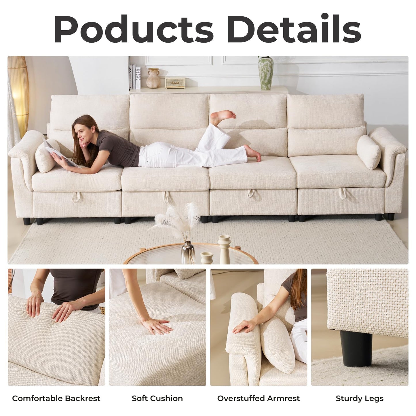 132" U-Shaped Sofa, 6-Seater Beige