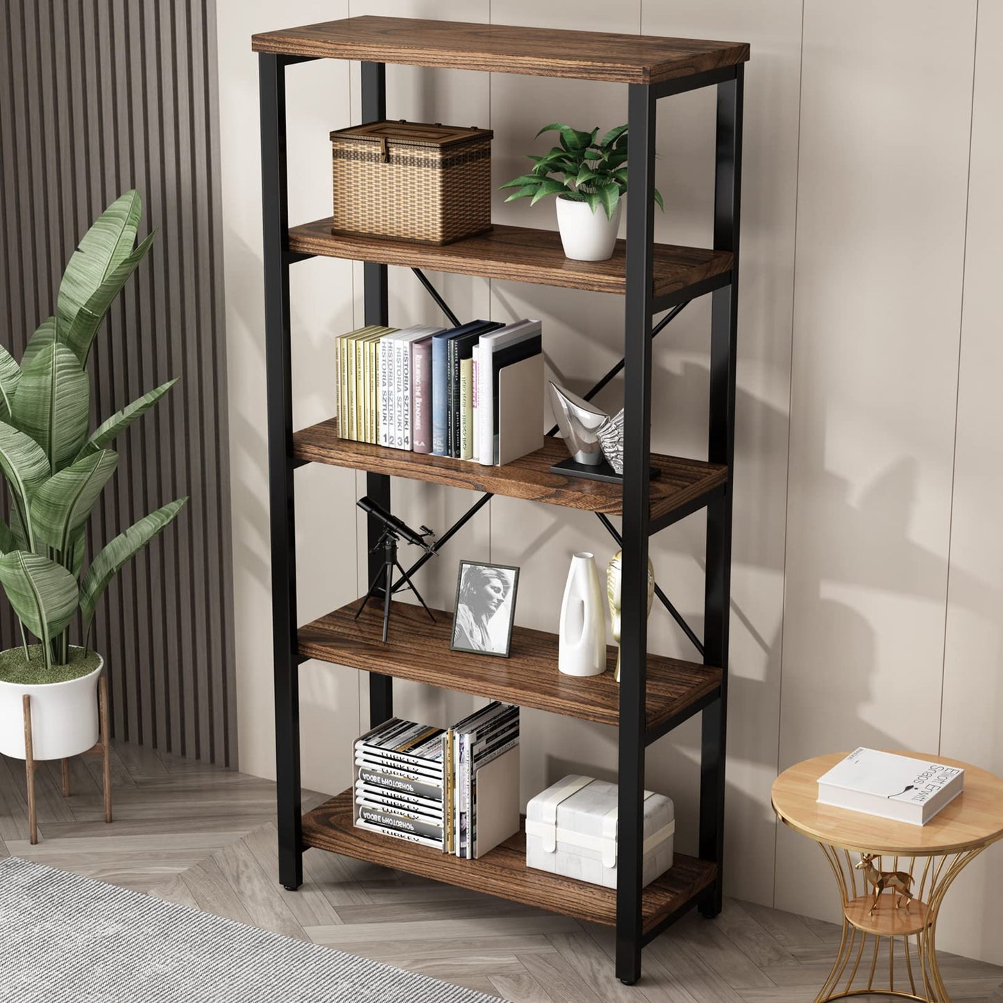 5-Tier Industrial Wood & Metal Bookcase