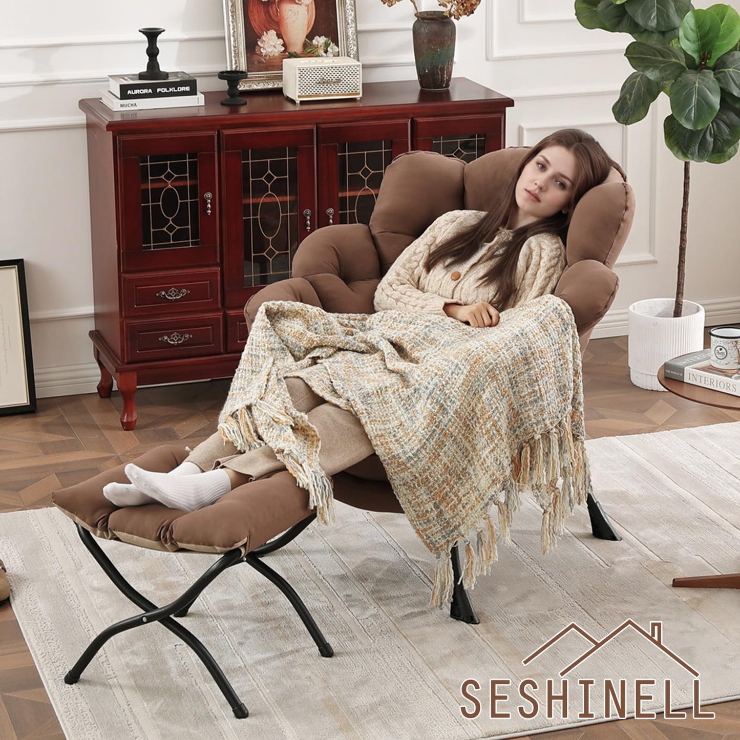 Butterfly Chair with Ottoman – Khaki Velvet