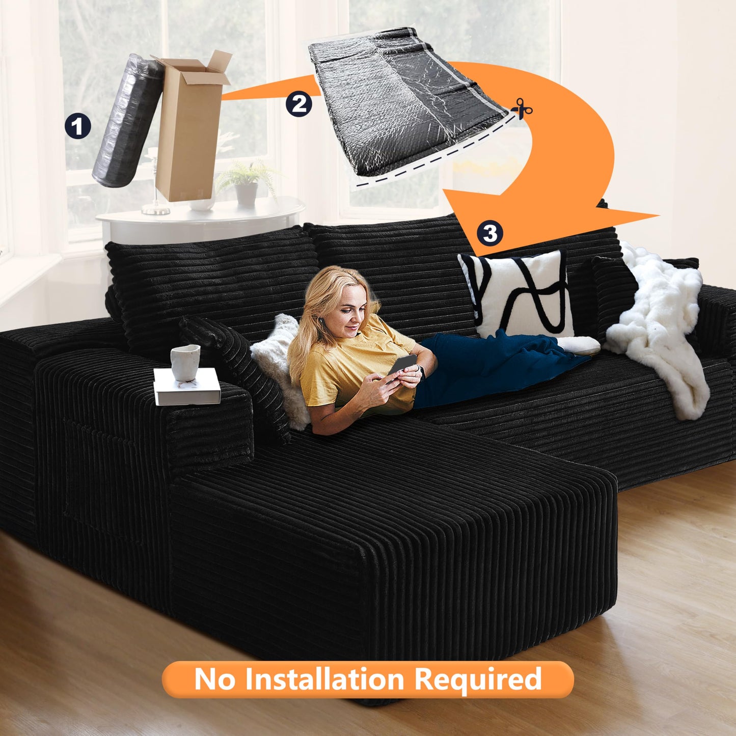 106" L-Shaped Corduroy Sofa – Black