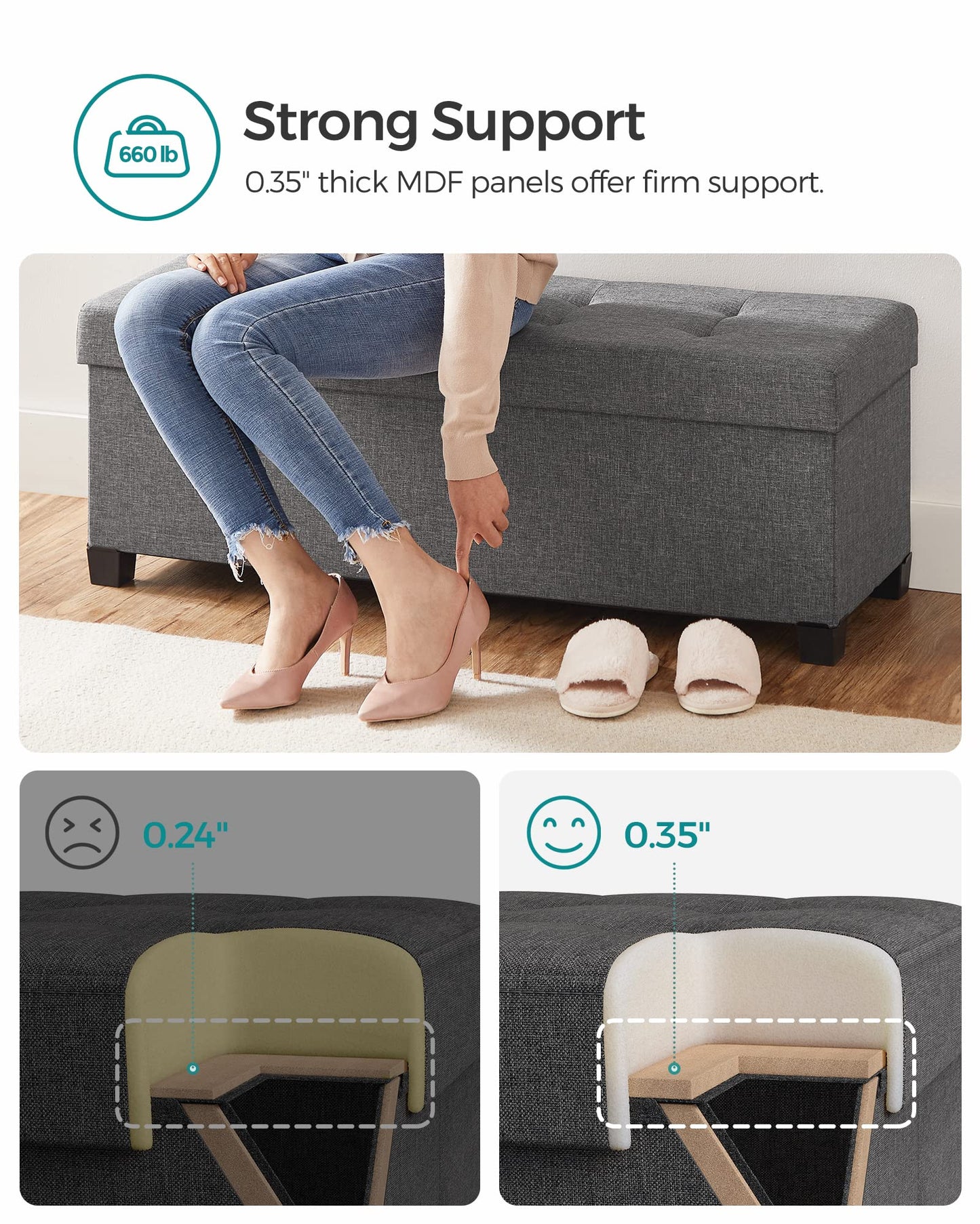 SONGMICS Foldable Storage Ottoman Bench, 15"x43"x15.7"