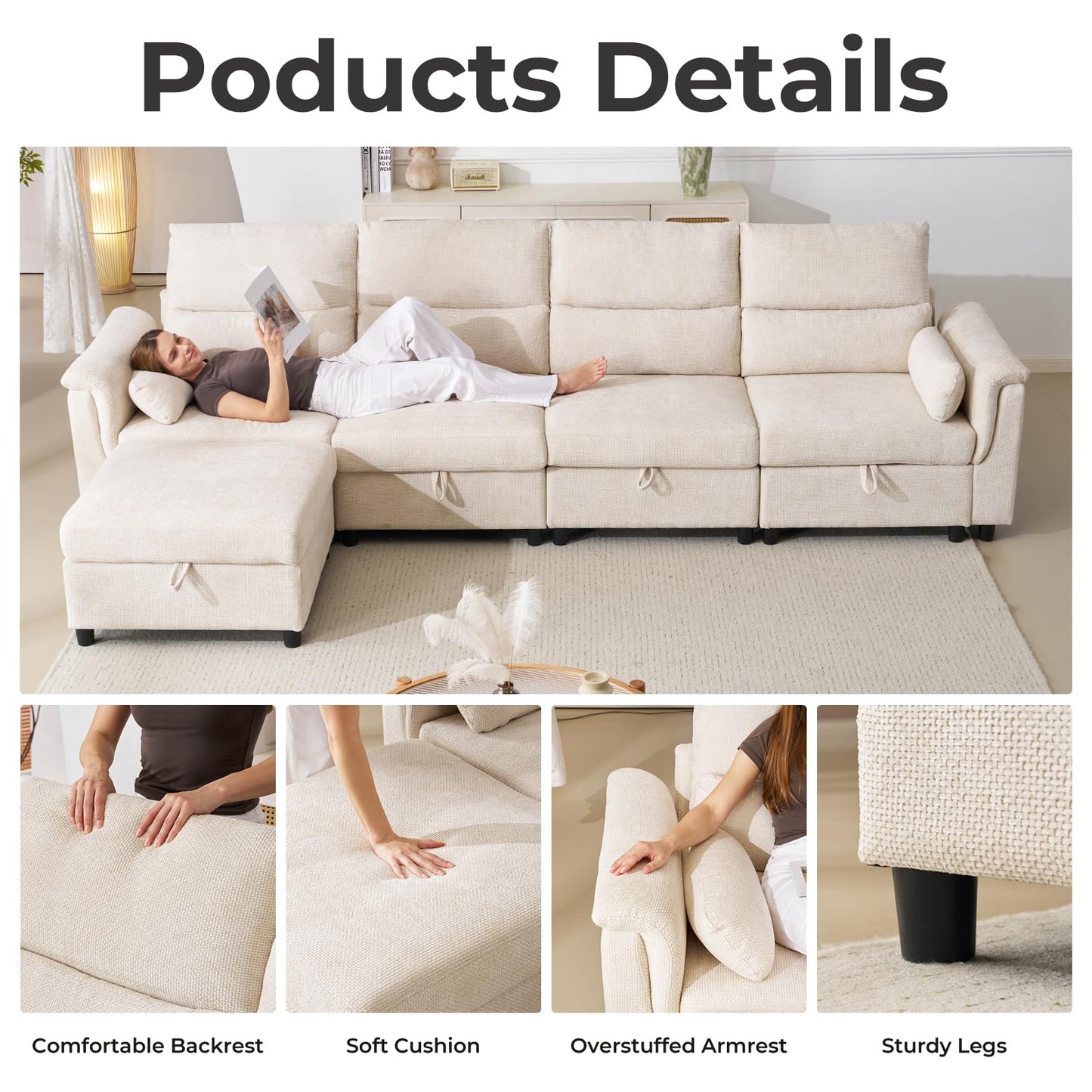 132" U-Shaped Sofa, 6-Seater Beige