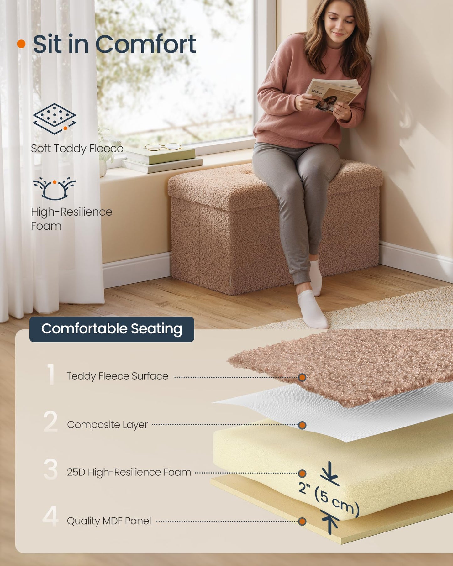 SONGMICS Storage Ottoman Bench, 15"x30"x15"