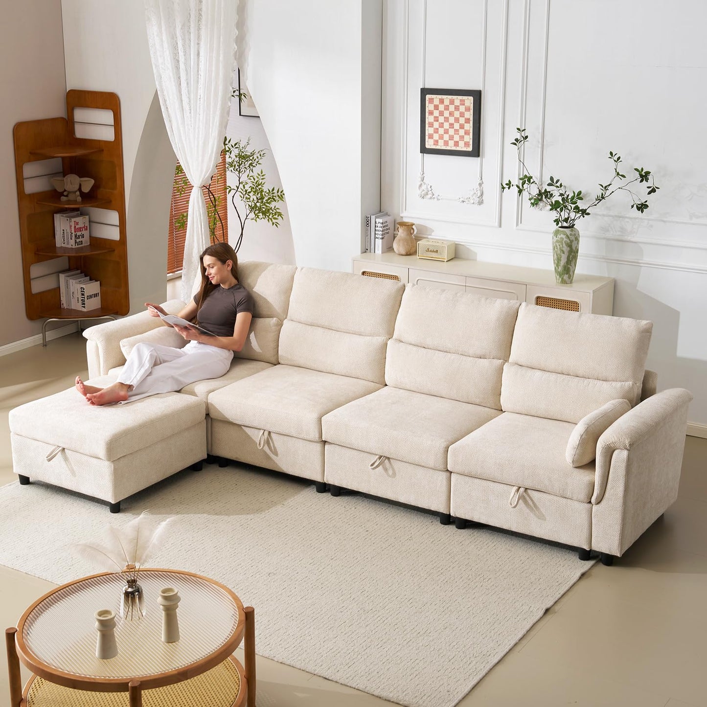 132" U-Shaped Sofa, 6-Seater Beige