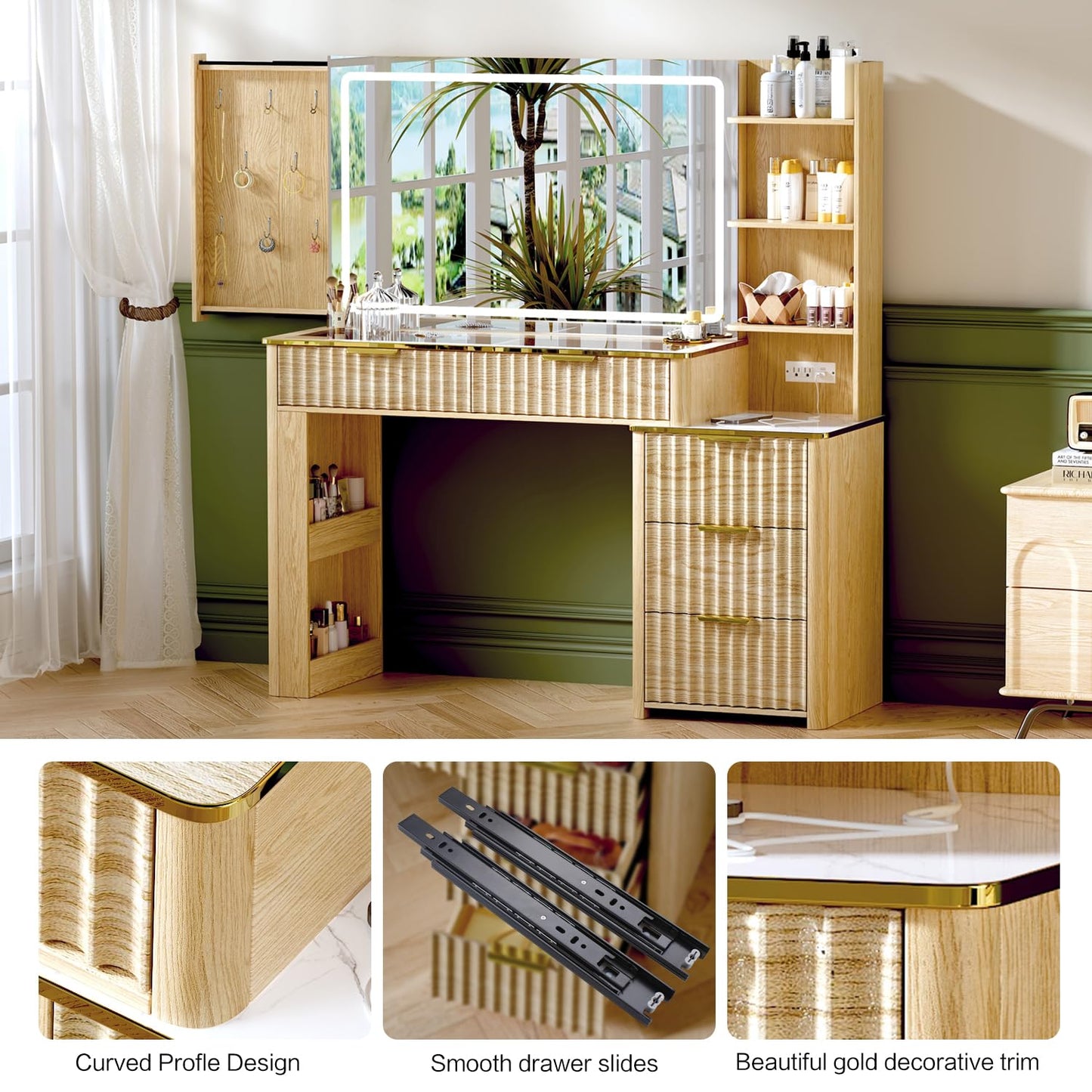 Vanity Desk with Mirror & Lights, Oak