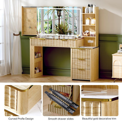 Vanity Desk with Mirror & Lights, Oak