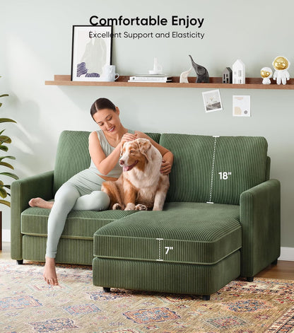 71" L-Shaped Green Corduroy Sofa
