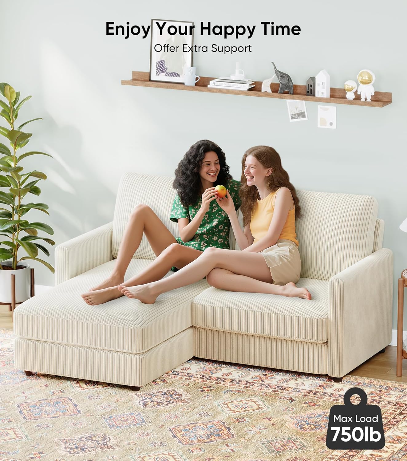 71" L-Shaped Green Corduroy Sofa