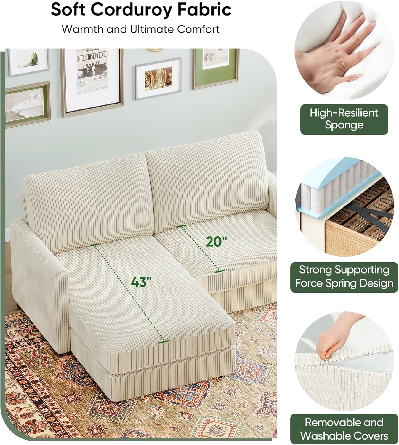 71" L-Shaped Green Corduroy Sofa