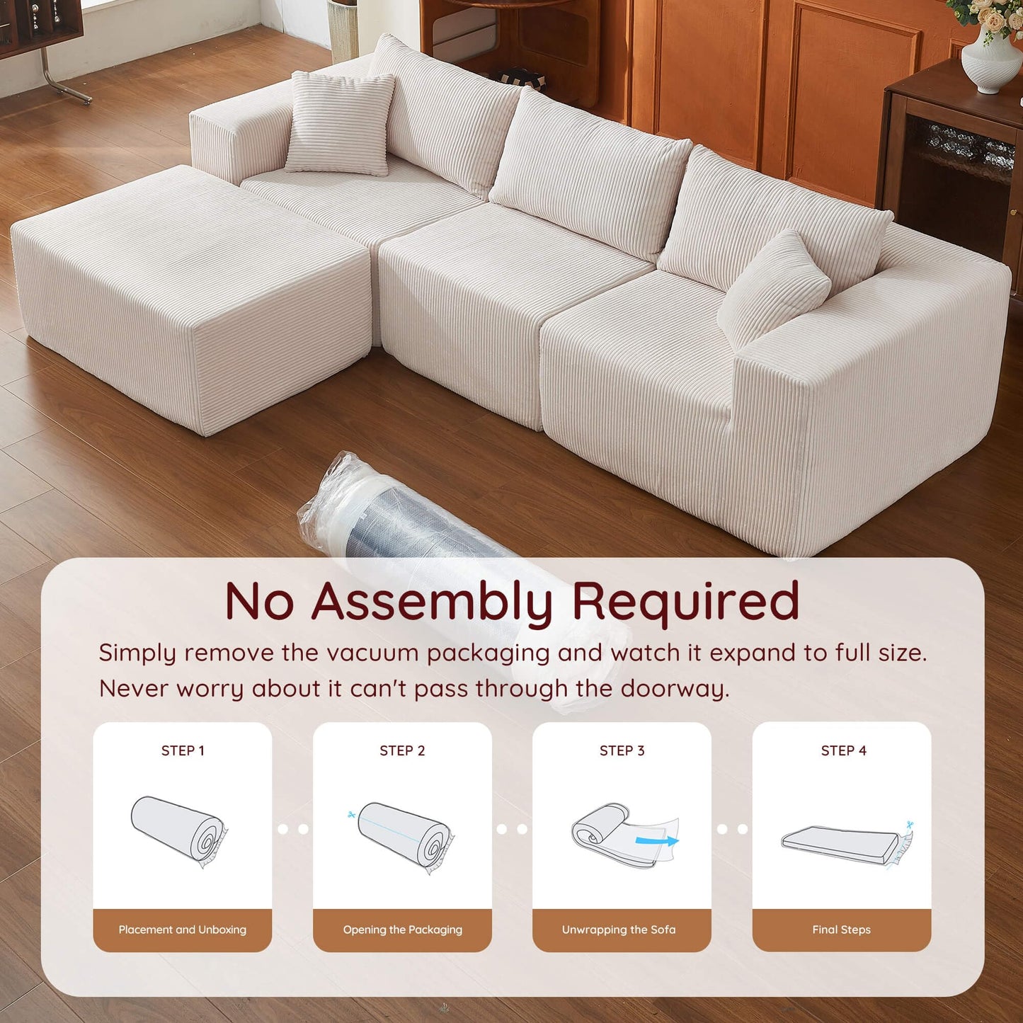108" L-Shaped Sofa with Ottoman – Beige