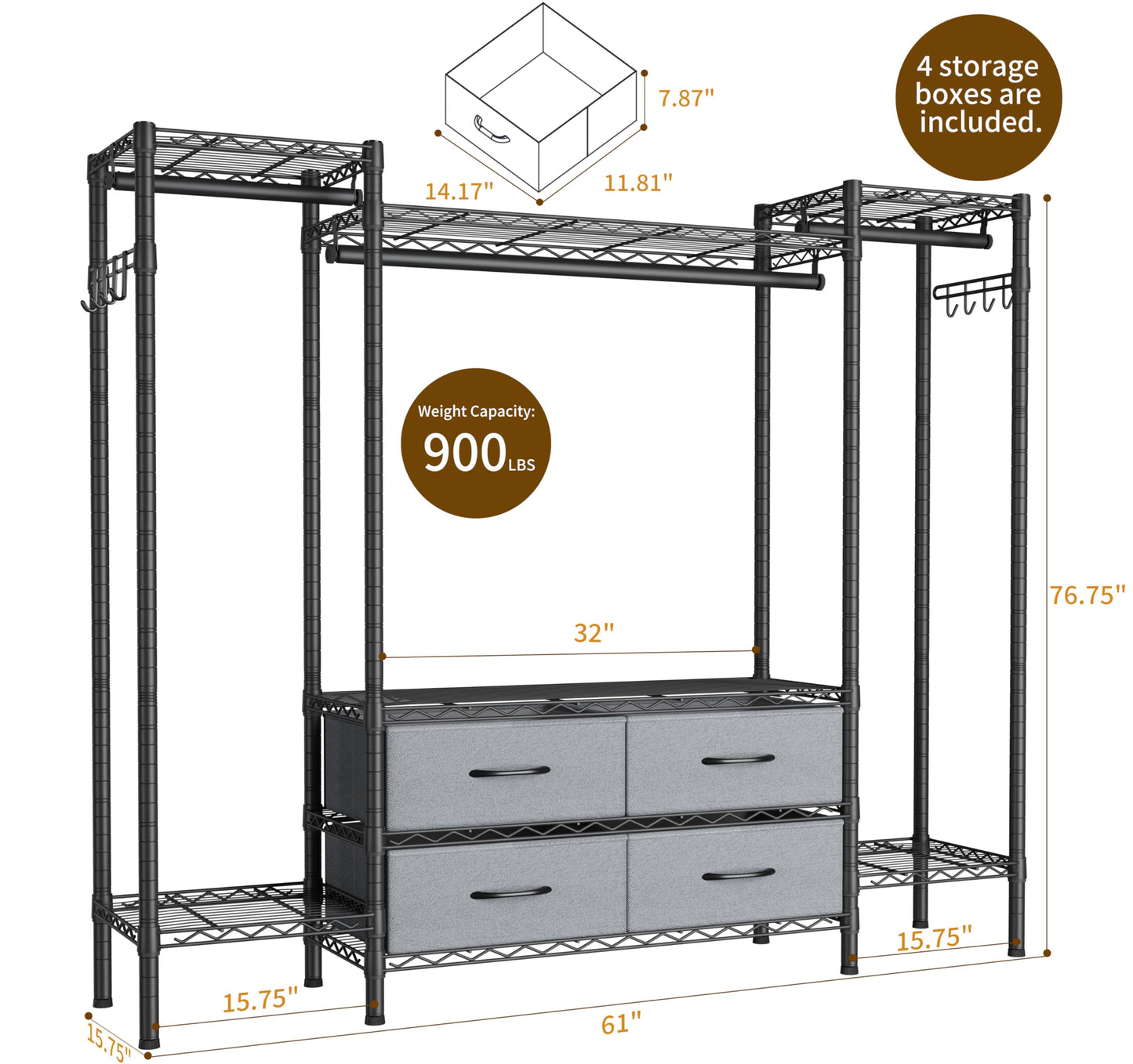 Heavy Duty Large Garment Rack with Shelves & Rods