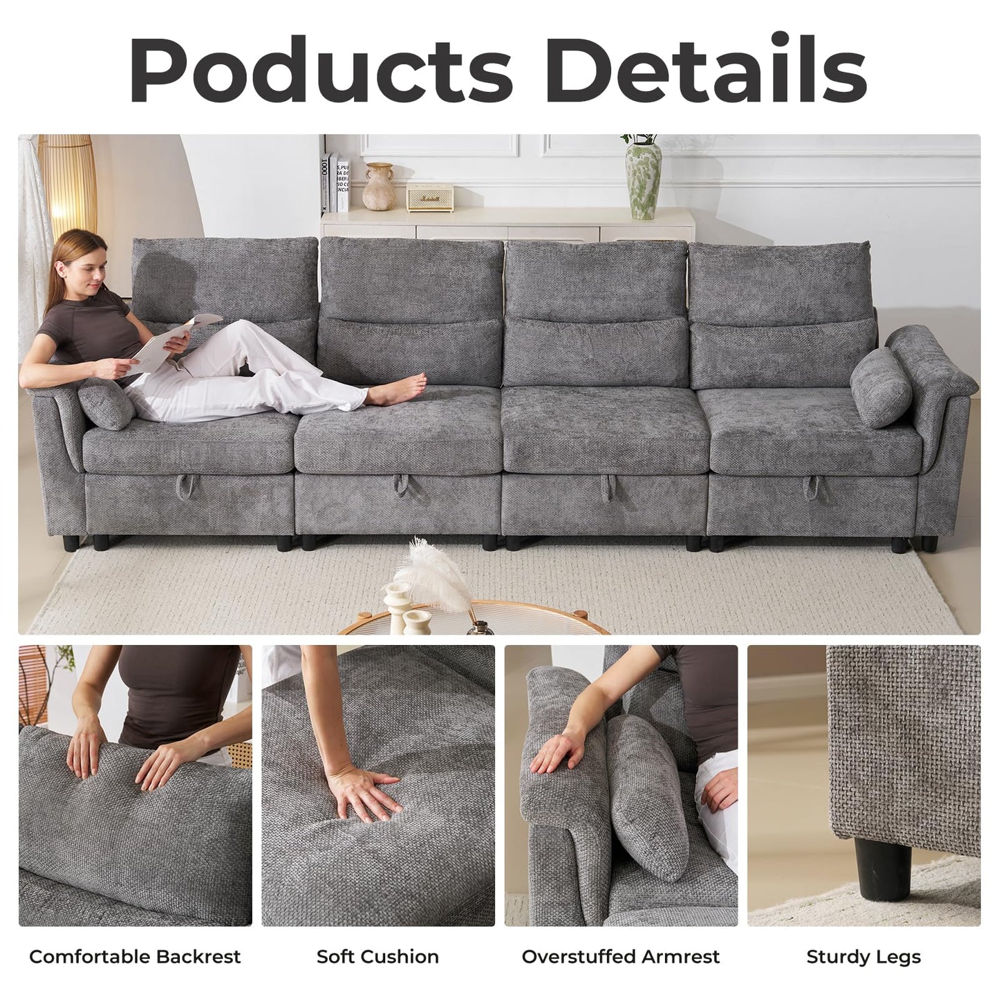 132" U-Shaped Sofa, 6-Seater Beige