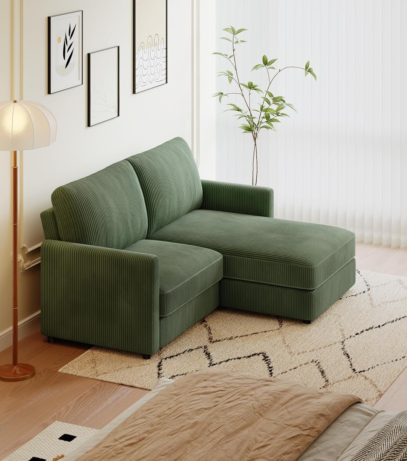 71" L-Shaped Green Corduroy Sofa