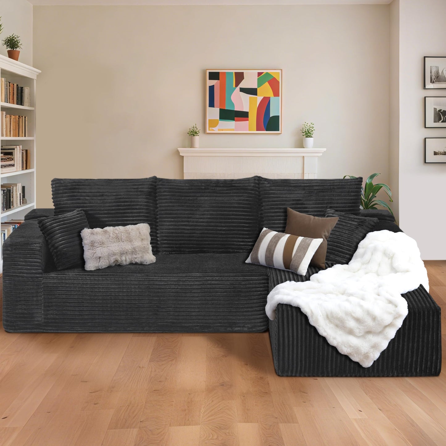 106" L-Shaped Corduroy Sofa – Black