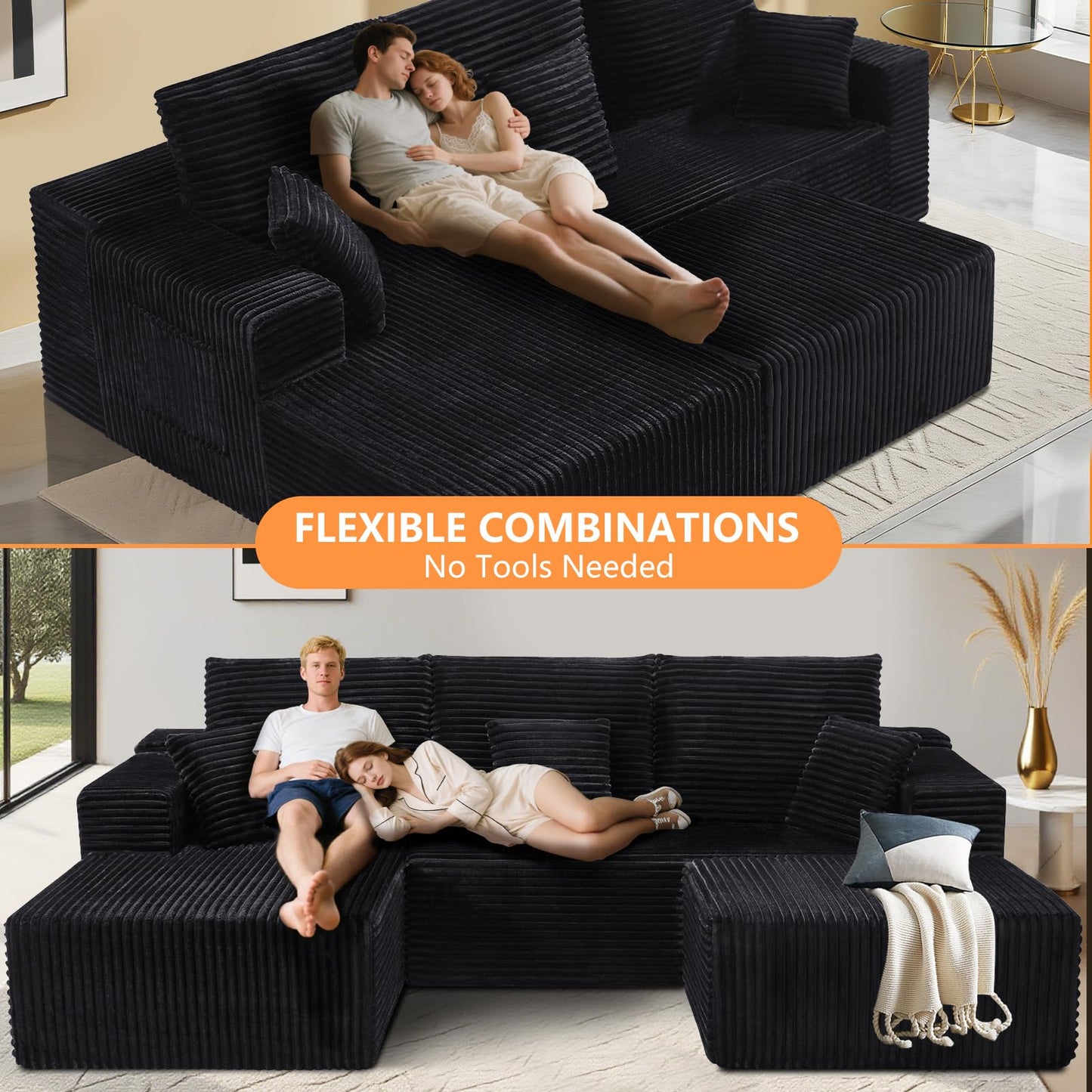 106" L-Shaped Corduroy Sofa – Black
