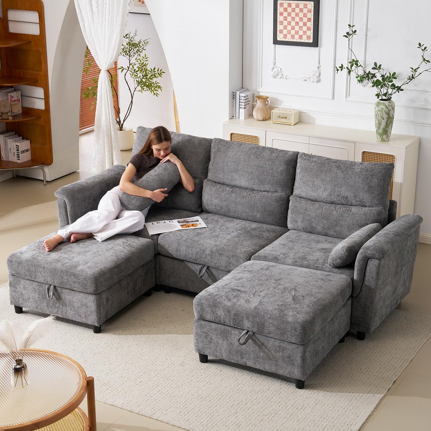 132" U-Shaped Sofa, 6-Seater Beige