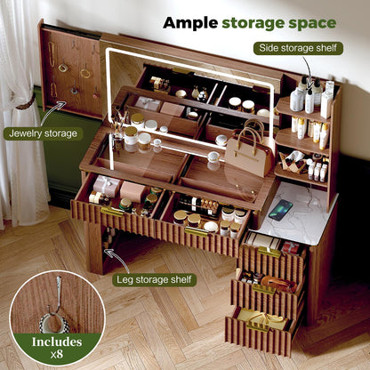 Vanity Desk with Mirror & Lights, Oak