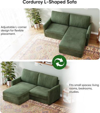 71" L-Shaped Green Corduroy Sofa