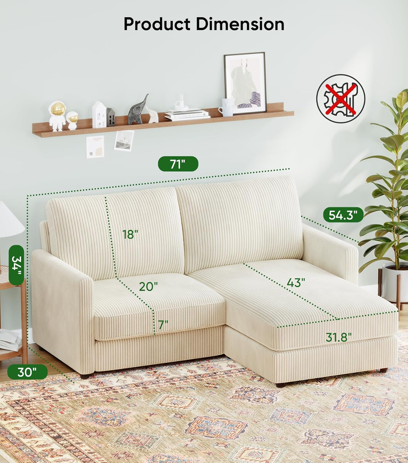 71" L-Shaped Green Corduroy Sofa