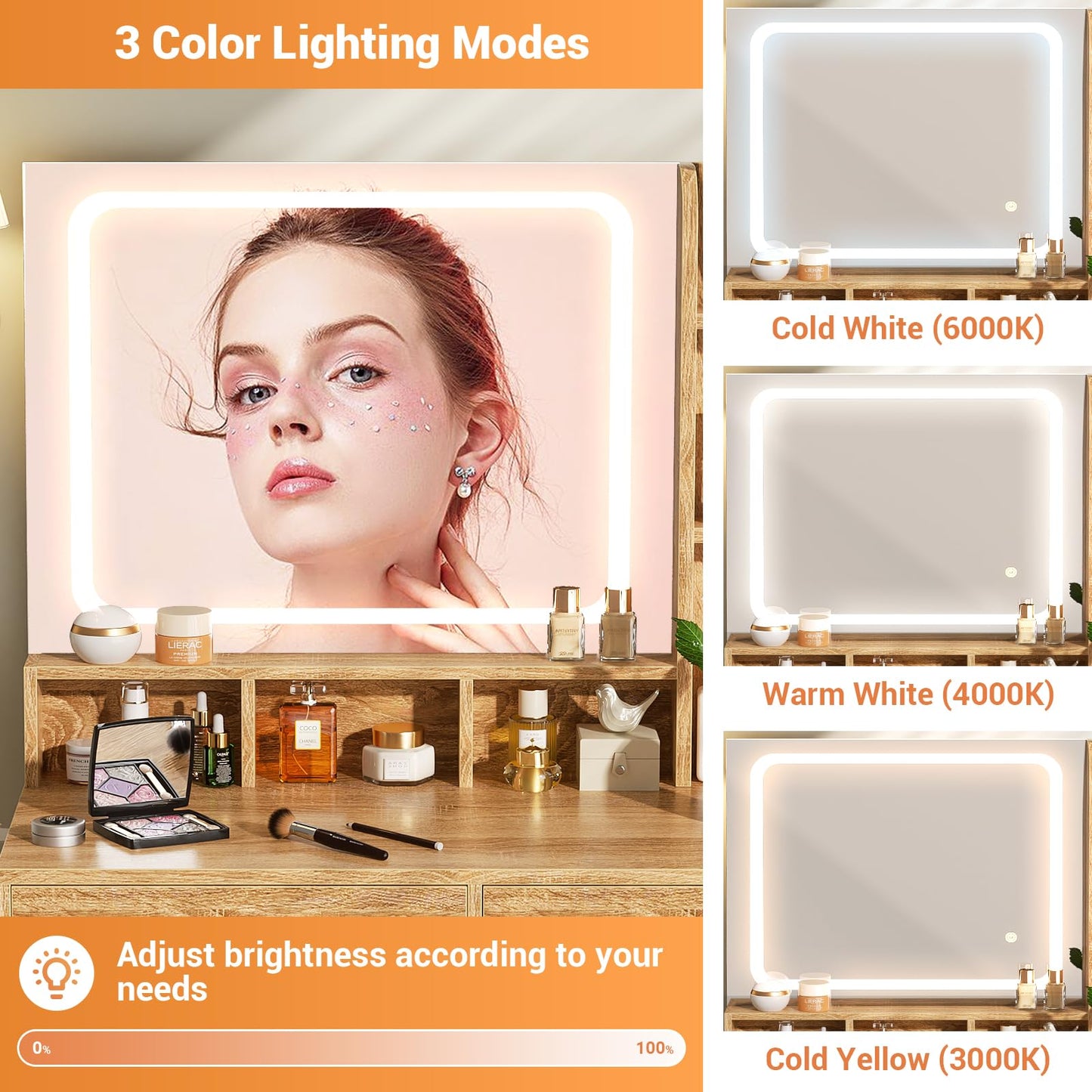 Small Vanity Desk with Mirror, Lights & Storage