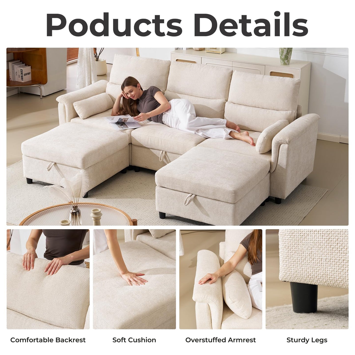 132" U-Shaped Sofa, 6-Seater Beige