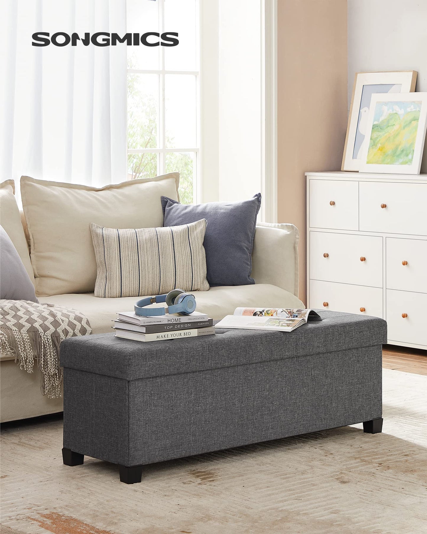 SONGMICS Foldable Storage Ottoman Bench, 15"x43"x15.7"