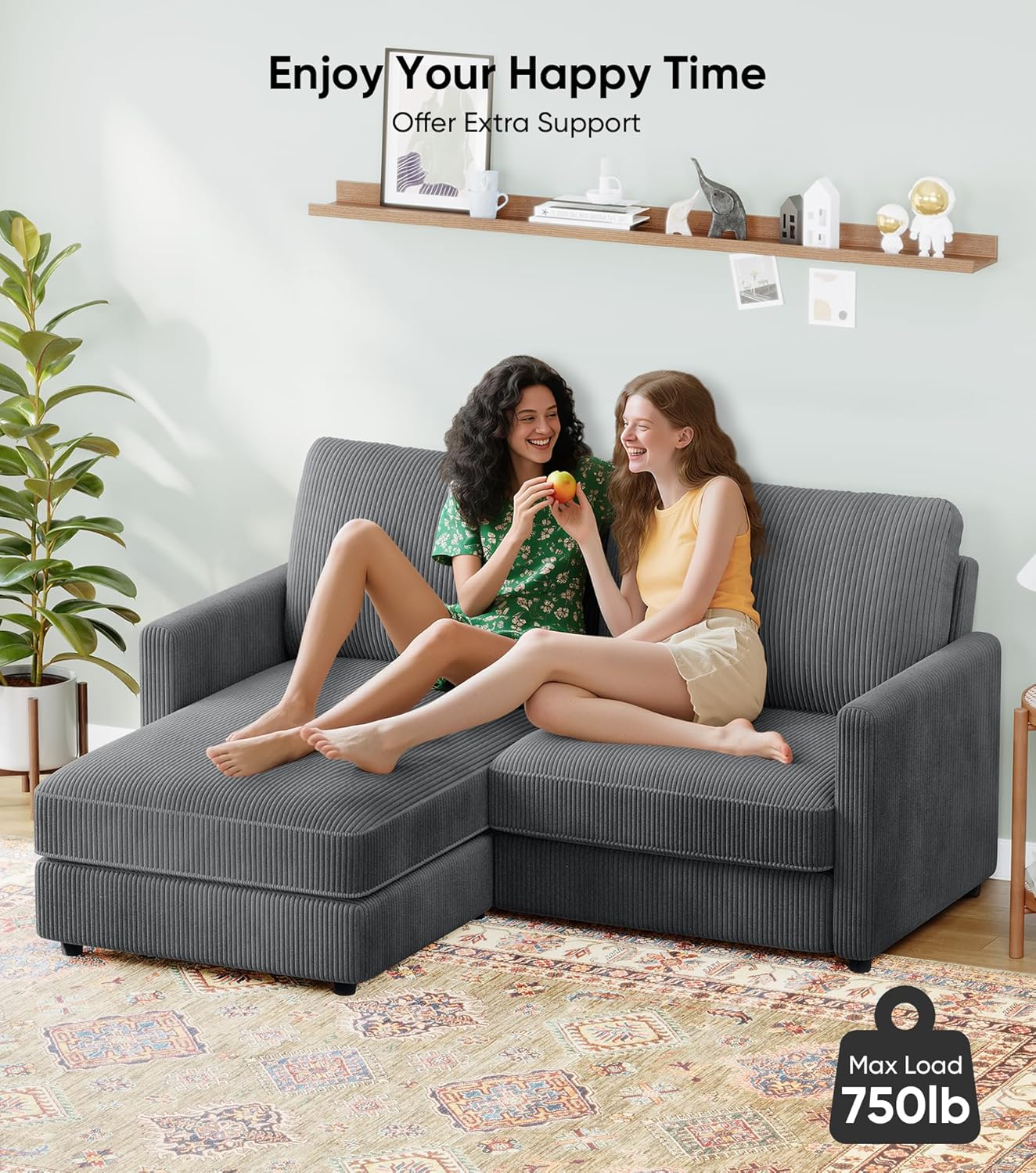 71" L-Shaped Green Corduroy Sofa