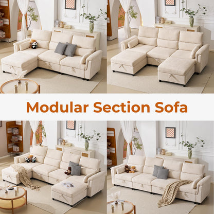 132" U-Shaped Sofa, 6-Seater Beige