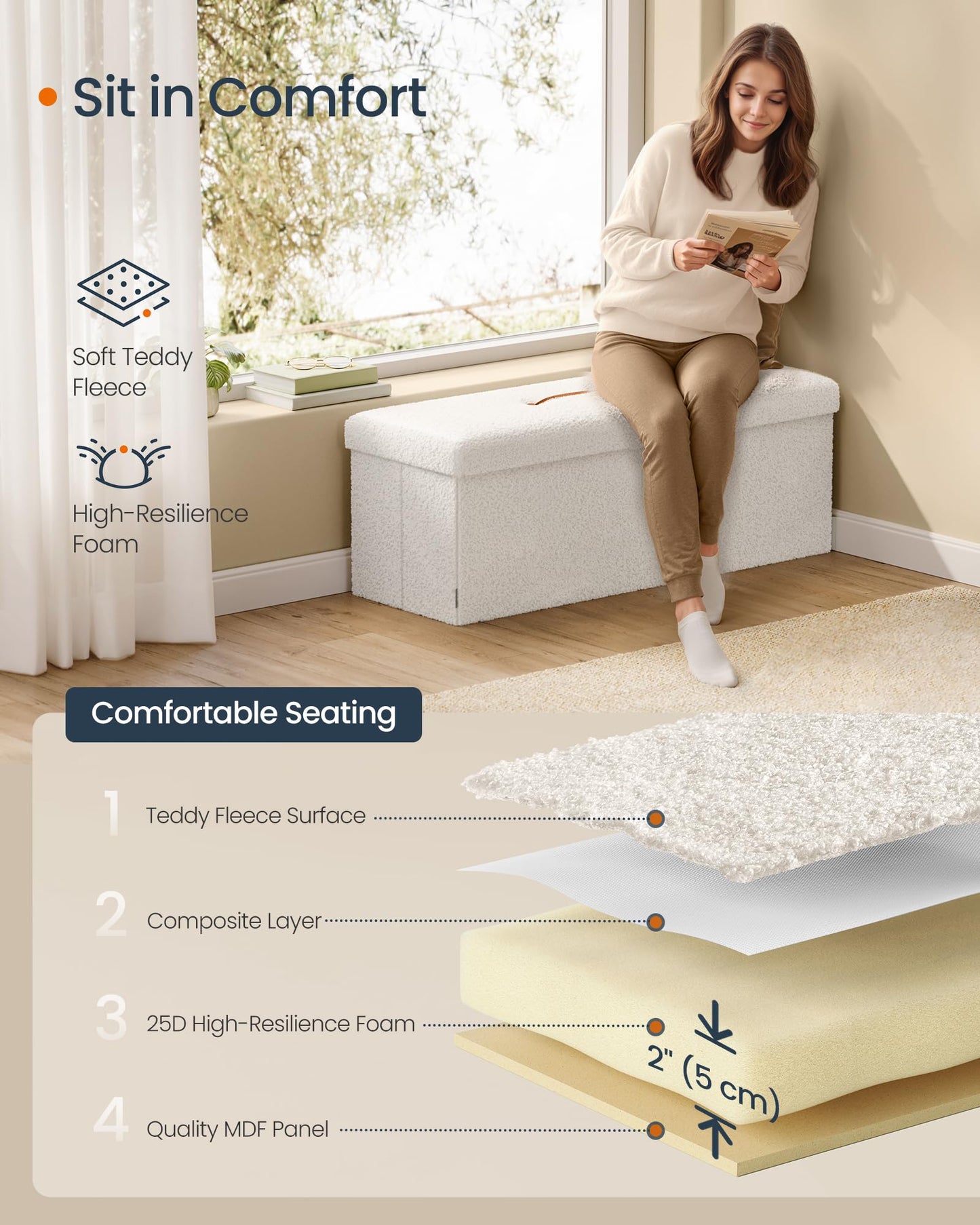 SONGMICS Storage Ottoman Bench, 15"x30"x15"