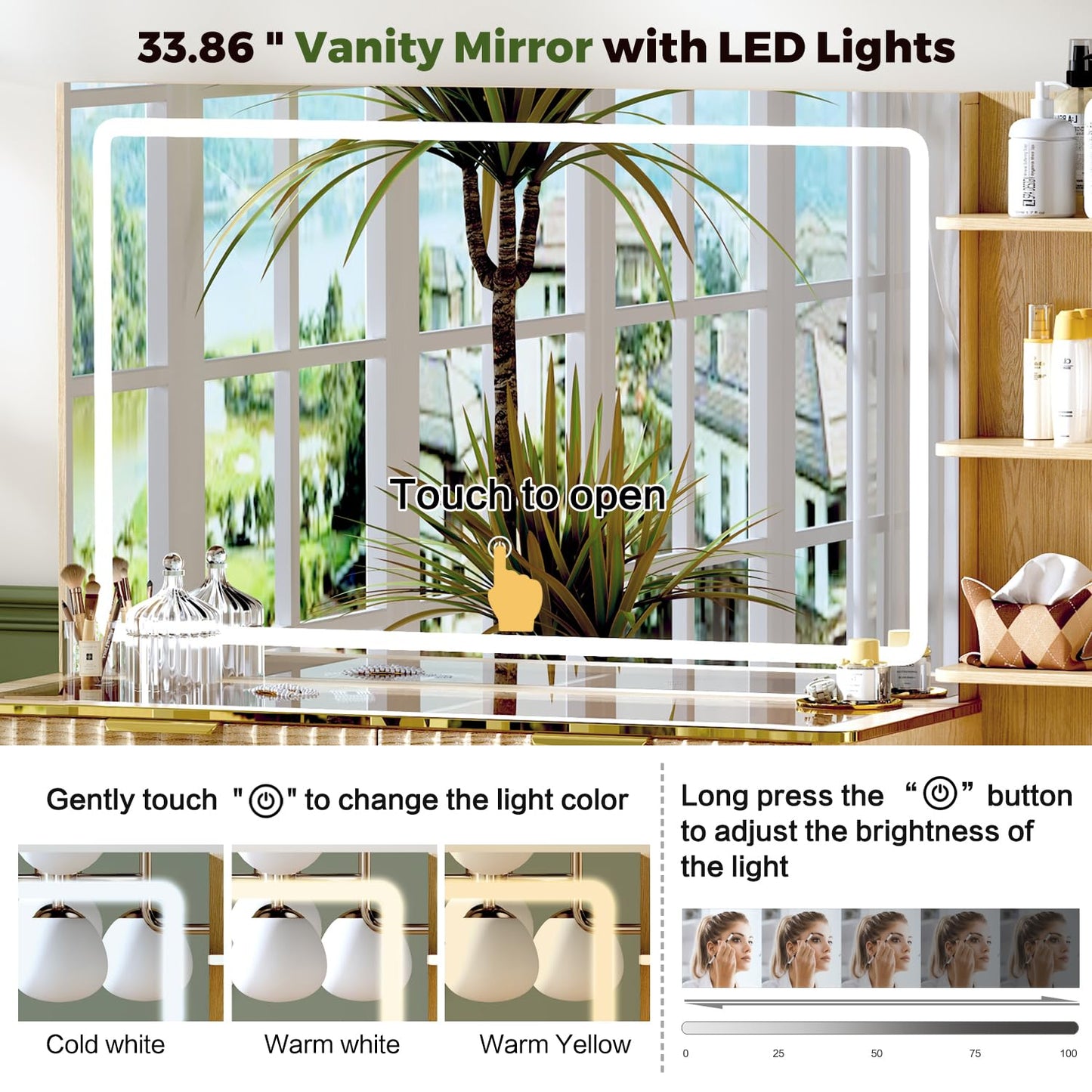 Vanity Desk with Mirror & Lights, Oak