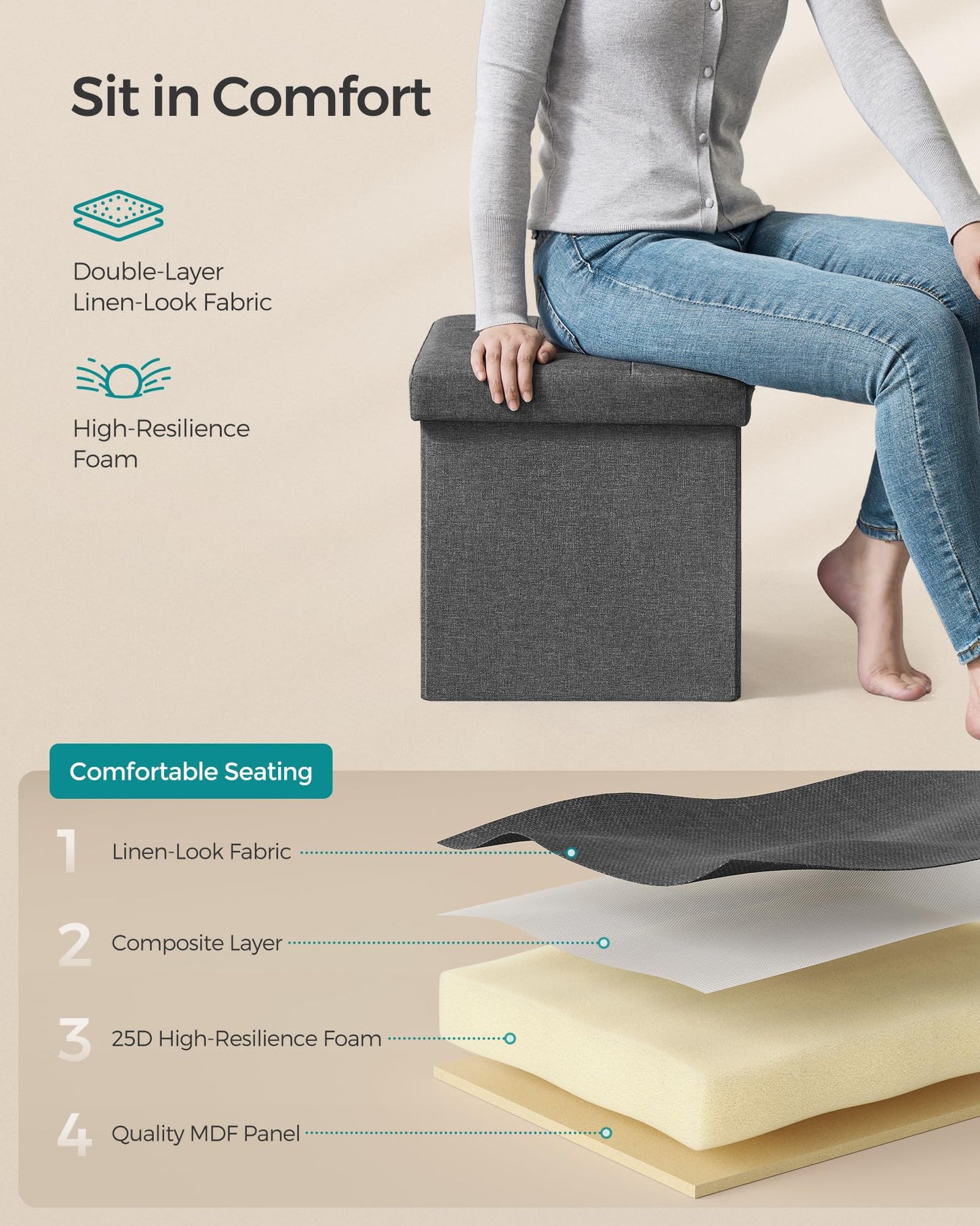SONGMICS MAZIE 43" Folding Storage Ottoman Bench