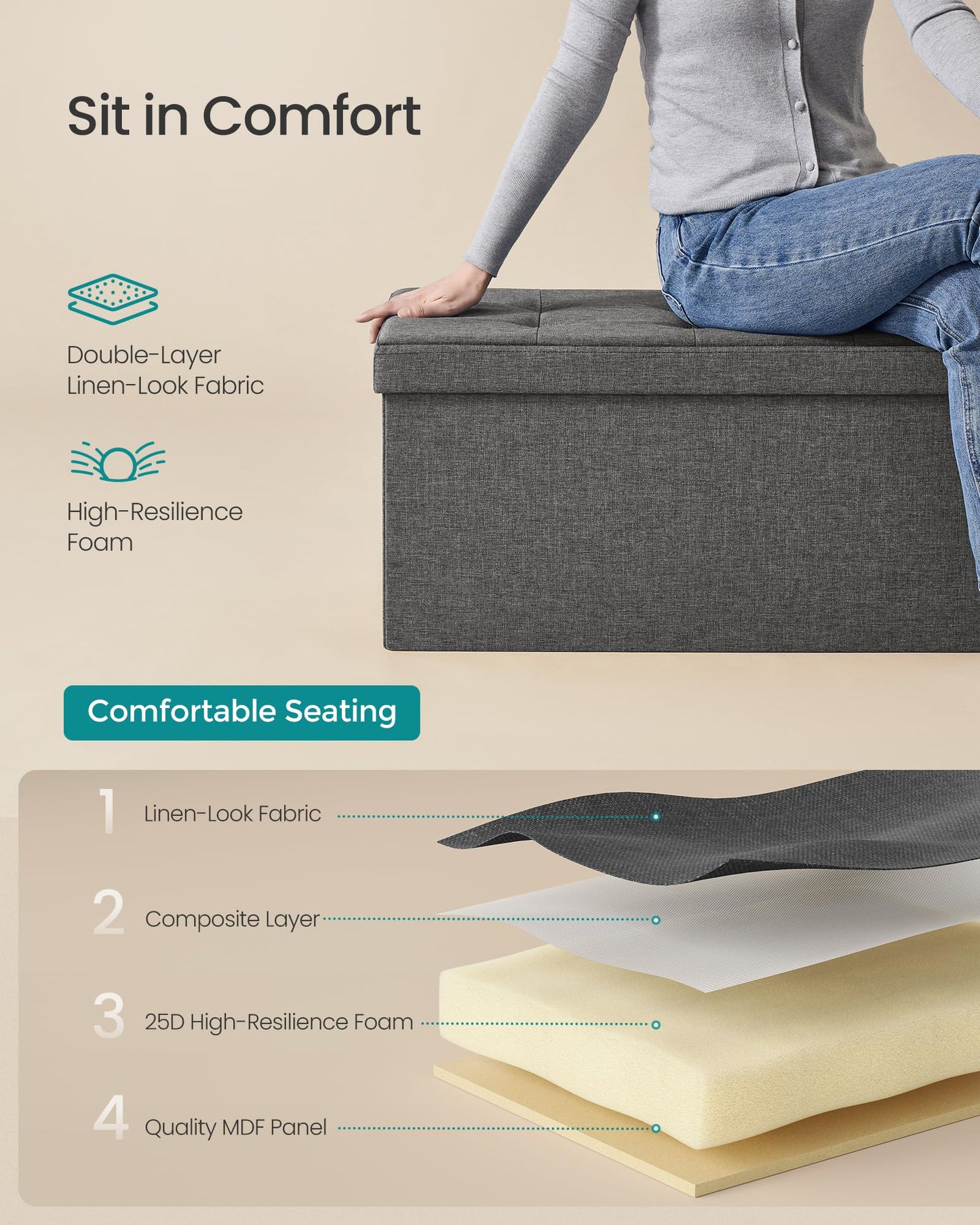 SONGMICS MAZIE 43" Folding Storage Ottoman Bench